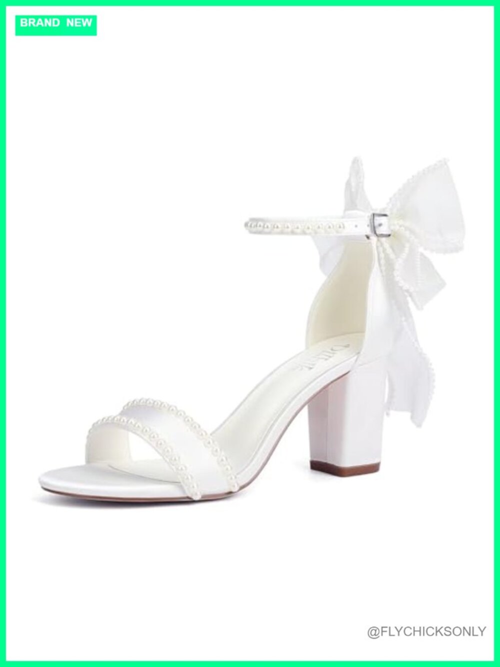 Satin Pearl Block Heel Wedding Sandals with Bow Ankle Strap